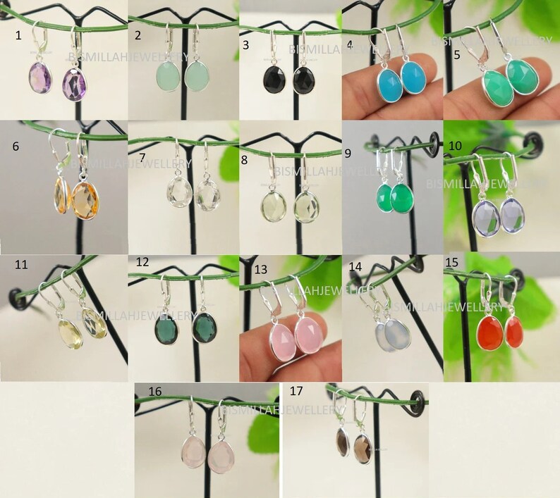 May include: A set of 17 pairs of sterling silver dangle earrings with various gemstone drops. The gemstones include amethyst, chalcedony, onyx, turquoise, green aventurine, citrine, clear quartz, rose quartz, moonstone, red agate, and smoky quartz.