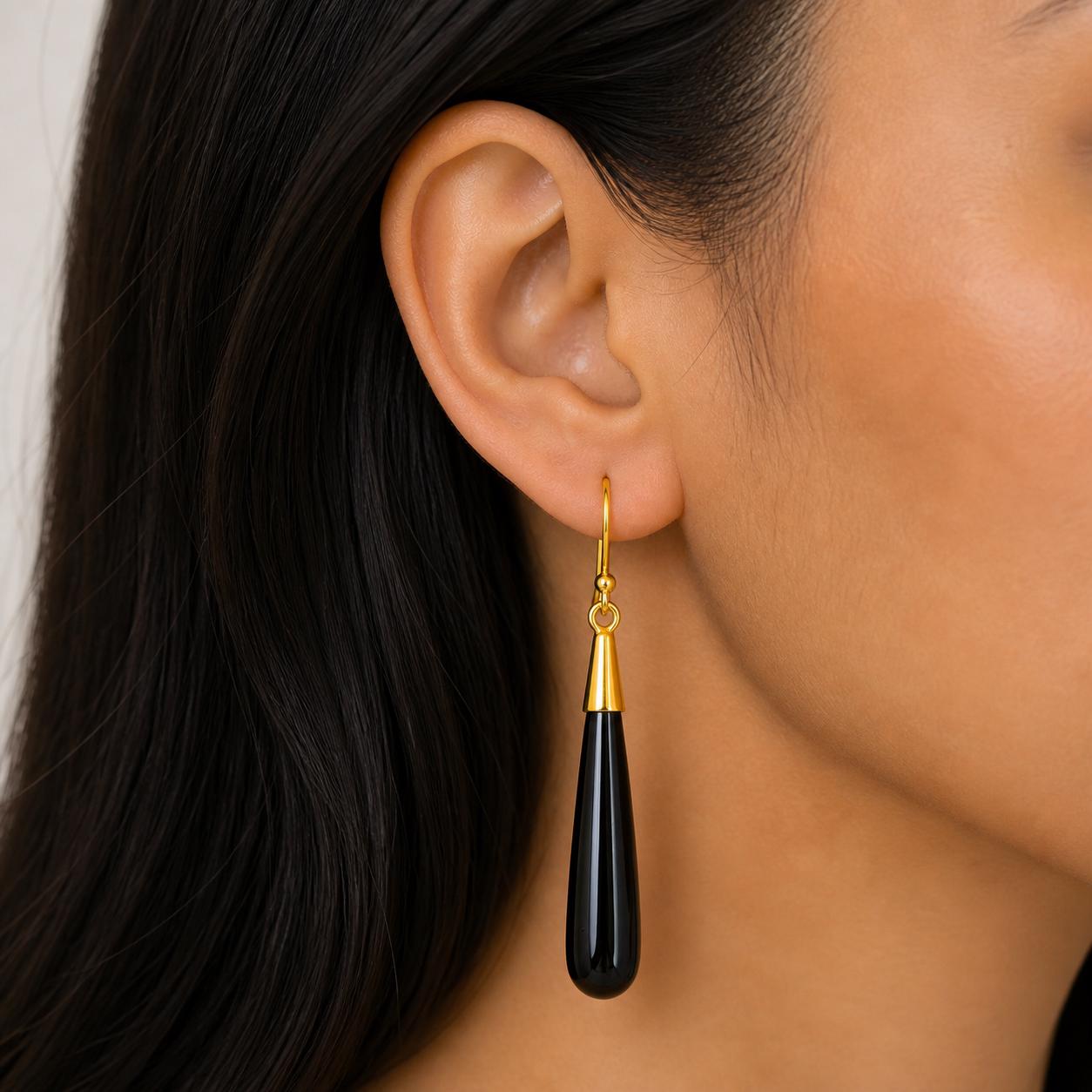 ブラックオニキスベゼルフックピアス、925スターリングシルバーロング