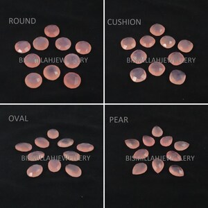 May include: Assortment of pink chalcedony gemstones in various shapes, including round, cushion, oval, and pear. The gemstones are arranged in groups labeled "ROUND", "CUSHION", "OVAL", and "PEAR".
