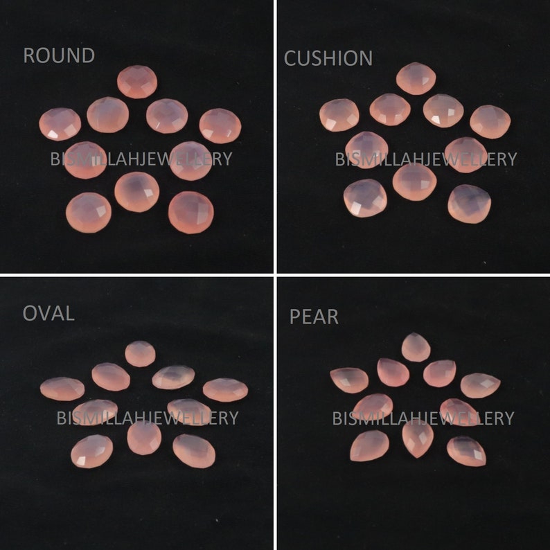 May include: Assortment of pink chalcedony gemstones in various shapes, including round, cushion, oval, and pear. The gemstones are arranged in groups labeled "ROUND", "CUSHION", "OVAL", and "PEAR".