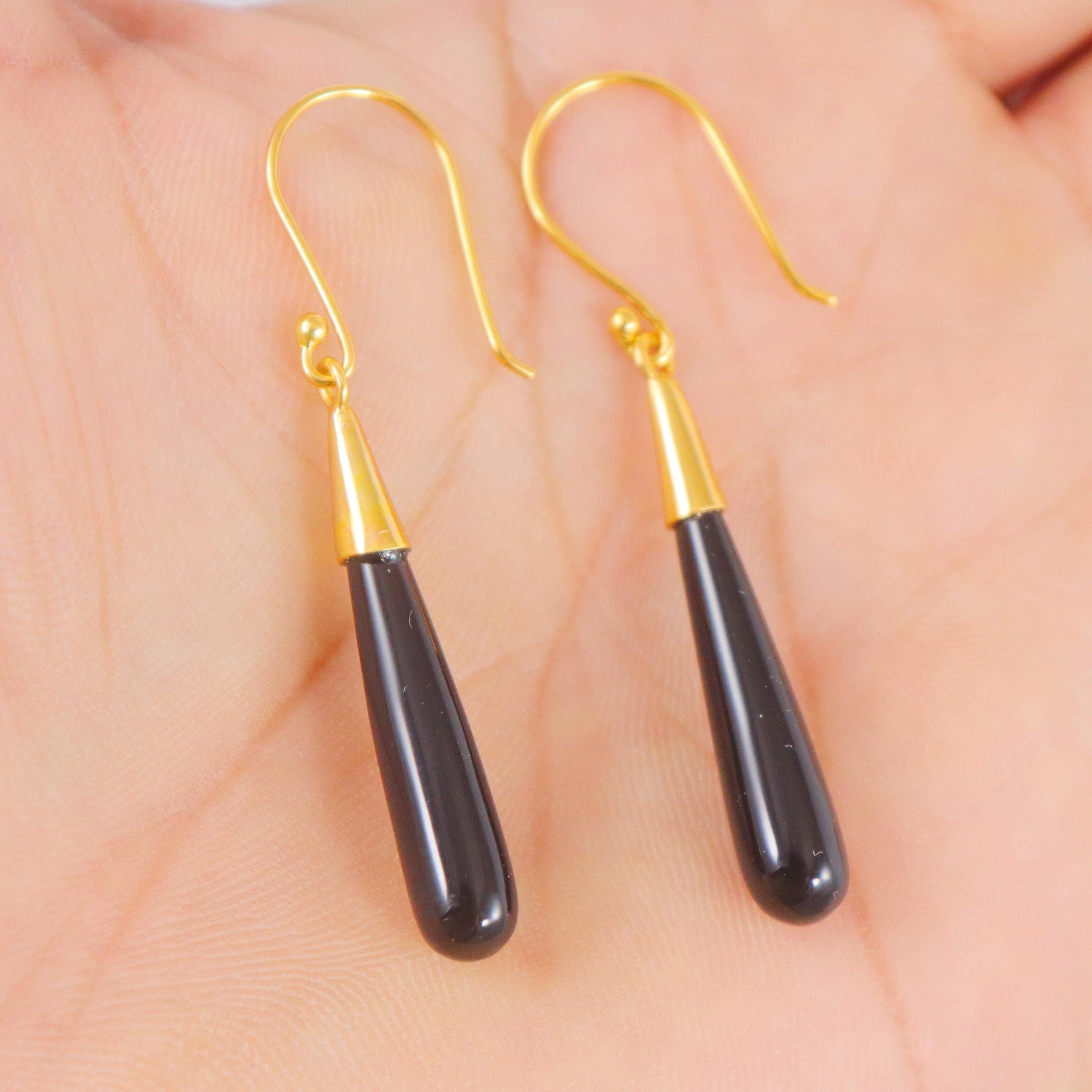 ブラックオニキスベゼルフックピアス、925スターリングシルバーロング
