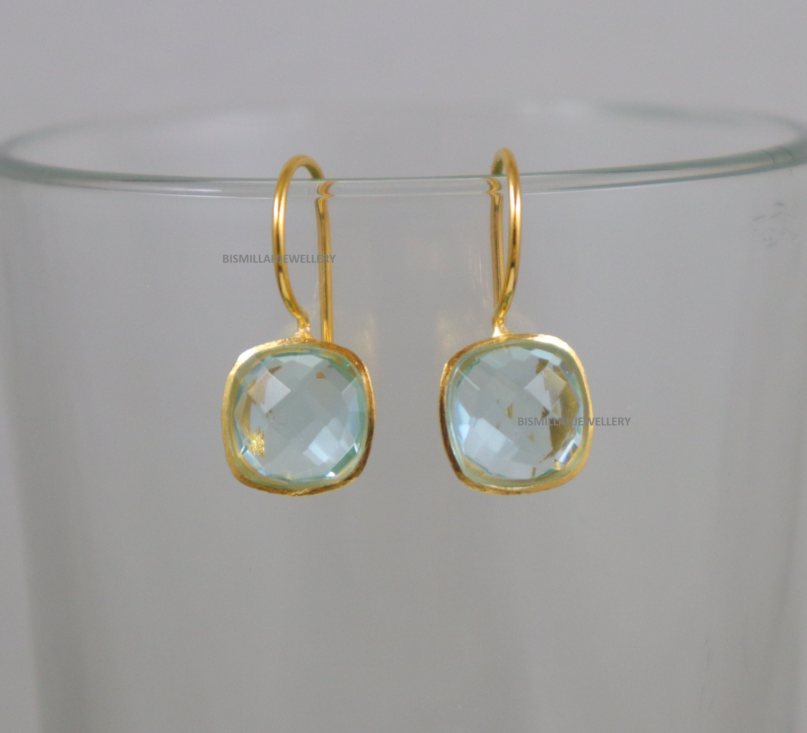 Orecchini in quarzo con topazio azzurro cielo, orecchini a cuscino, orecchini pendenti, orecchini in topazio azzurro cielo, orecchini in argento sterling 925, orecchini in oro con pietre preziose