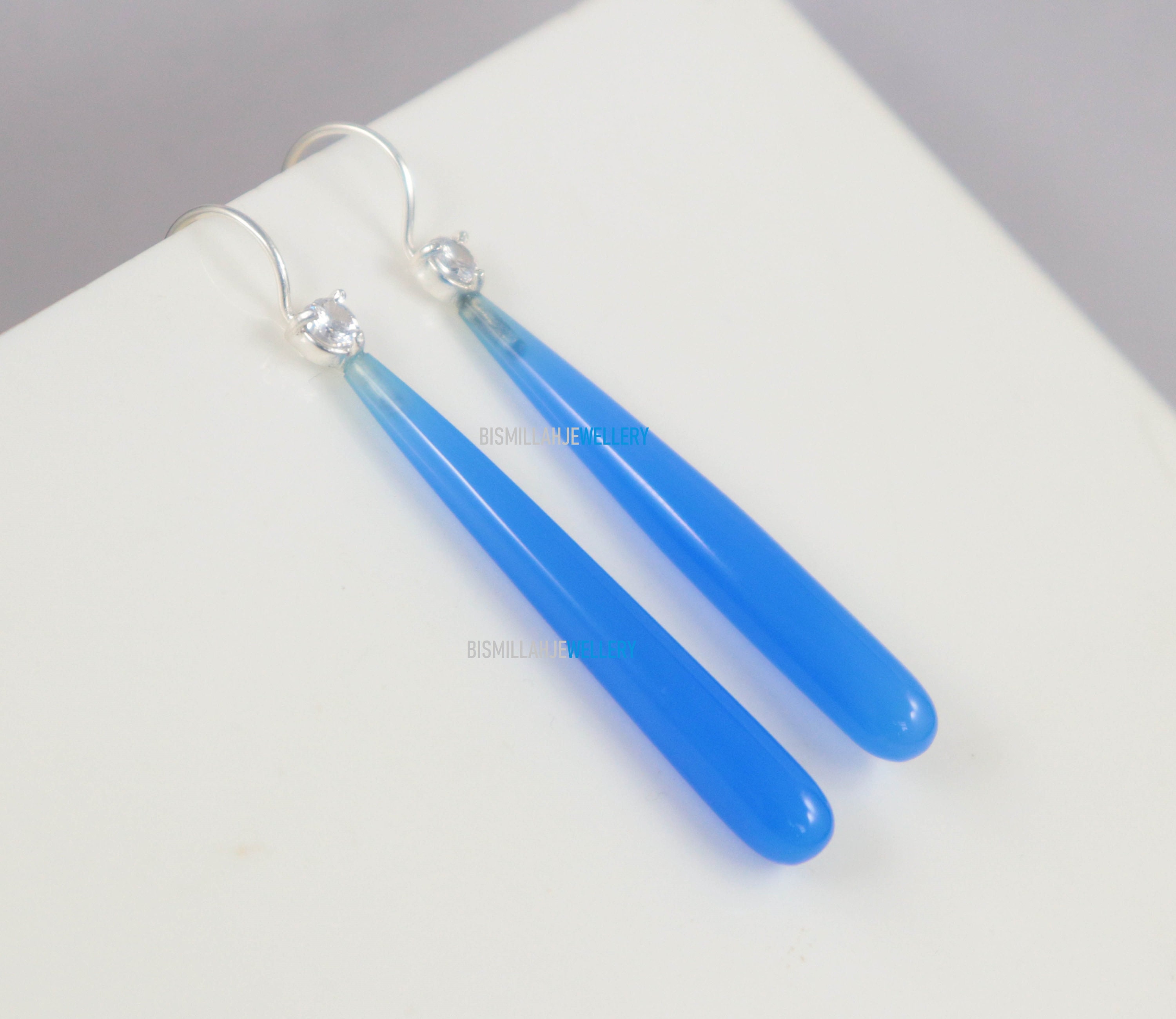 Orecchini Lunghi Argento Sterling Con Pietre Blu | Nano Gemme Di Zaffiro E Calcedonio | Gioielli Artigianali Anallergici