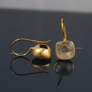 Natural Golden Rutile - Cushion Earrings, Drop Dangle Earrings, Rutilated Gold Drop Earrings, 18k Gold Earrings, Bridal Earrings,