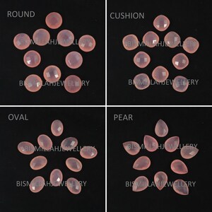 May include: Assortment of pink chalcedony gemstone cabochons in round, cushion, oval, and pear shapes.