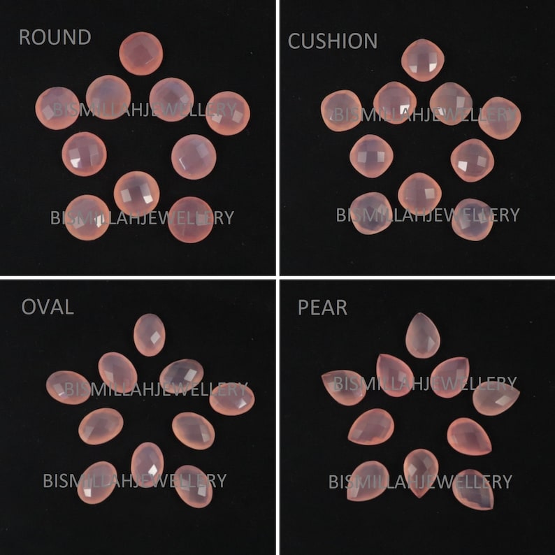 May include: Assortment of pink chalcedony gemstone cabochons in round, cushion, oval, and pear shapes.