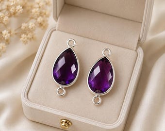 Amethyst Pear Connector - Sterling Silver Bezel Setting Birthstone Charm Connector, Handmade Double Loop Jewelry, Gift For Her