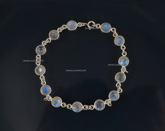 Bracelet Argent 925 Et Pierre De Lune Arc-en-ciel 7-8mm - Fait Main En France