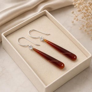 Elegant Brown Chalcedony Drop Earring - in Sterling Silver with Sparkling Cubic Zirconia Accent – Long Minimalist Dangle Earring