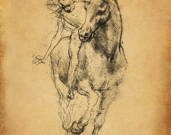 Da Vinci Print | Horse Sketch Art | Horse Rider | Horse Artwork | Horse Drawing Art | Horse Art Print | Equine Art | 11x14 Poster Print