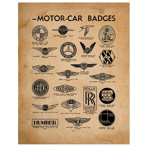 Classic Car Wall Art | Vintage Car Badges | Antique Cars |Car Logos Poster |Old Car Badge |Classic Car Badge |Auto Badge |11x14 Poster Print