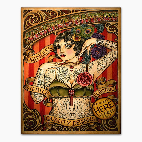 Chapel Tattoo Art |Tattooed Lady |Tattooed Woman Print |Vintage Ad Poster |Tattoo Lady |Tattoo Girl Print |Inked Lady |11x14 Poster Print