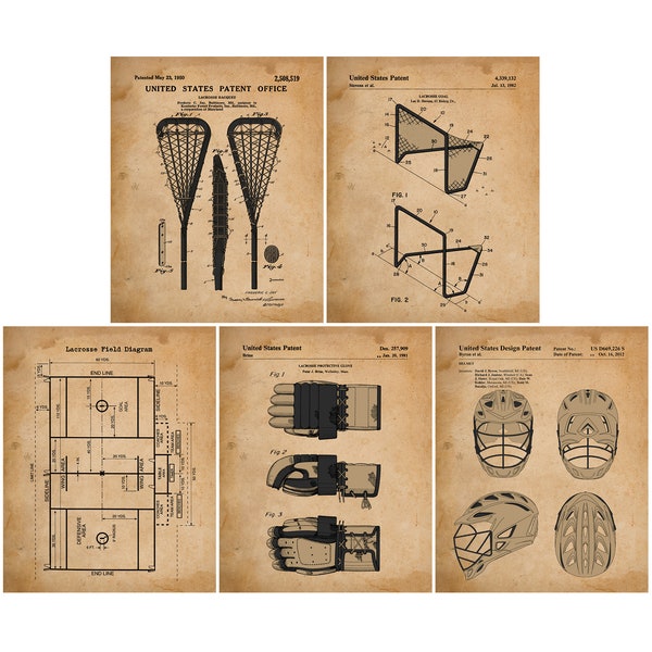 Lacrosse Patent Art | Lacrosse Poster | Lacrosse Wall Art | Vintage Sports Decor | Lacrosse Print Set | Set Of 5 Prints | 8x10 Print Sign