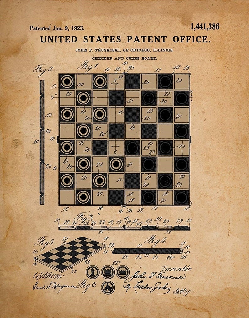 1923 Checker Board Patent Print - Chess board Poster - Checkers Game Drawing  - Game Room Decor - Parlor Game - Checker board Drawing