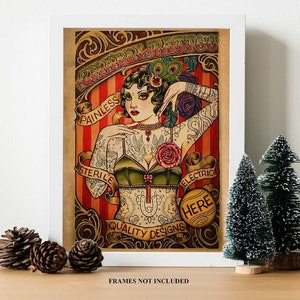 Vintage Tattoo Art Print - 'Facts Relating To The Tattooed Lady' Pub Poster, 11x14