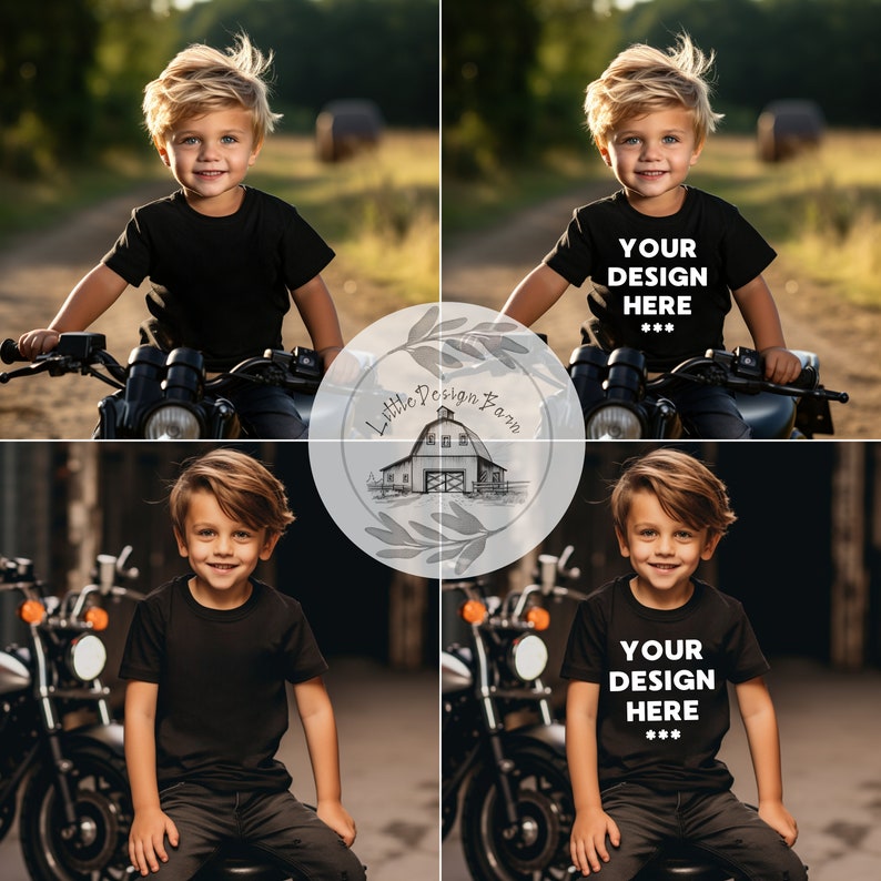 May include: A young boy wearing a black t-shirt with the text "YOUR DESIGN HERE***" printed on it. He is sitting on a black motorcycle.