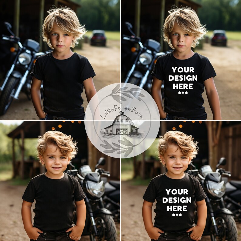May include: A young boy wearing a black t-shirt with the text "YOUR DESIGN HERE ***" printed on it. He is standing in front of a motorcycle and has his hands in his pockets.