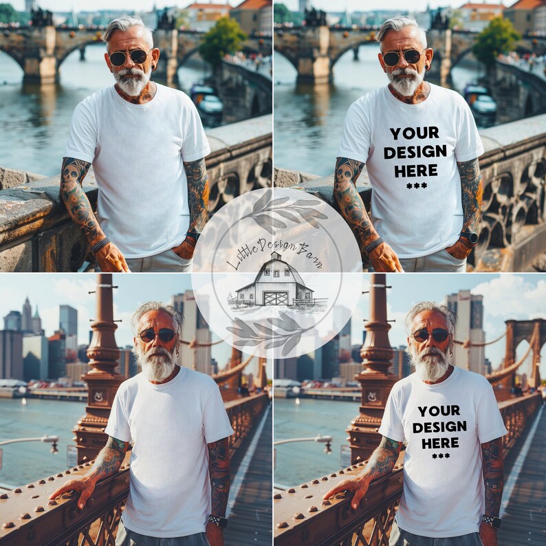 May include: A white crew neck t-shirt with the text "YOUR DESIGN HERE" in black. The t-shirt is being modeled by a person with tattoos on their arms, wearing sunglasses, and standing on a bridge.