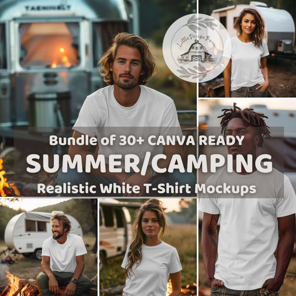 Camping Realistic CANVA READY White T-Shirt Mockups, Men & Women T-Shirt, Bella Canvas 3001 Drag and Drop T-Shirt Mockups