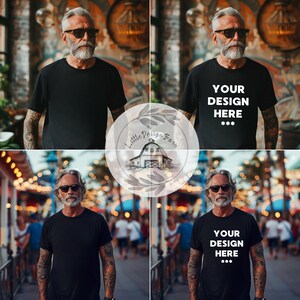 May include: A black t-shirt with the text "YOUR DESIGN HERE" in white. The t-shirt is displayed on a person wearing sunglasses. The image is a product mockup, showcasing a design on a black tee.