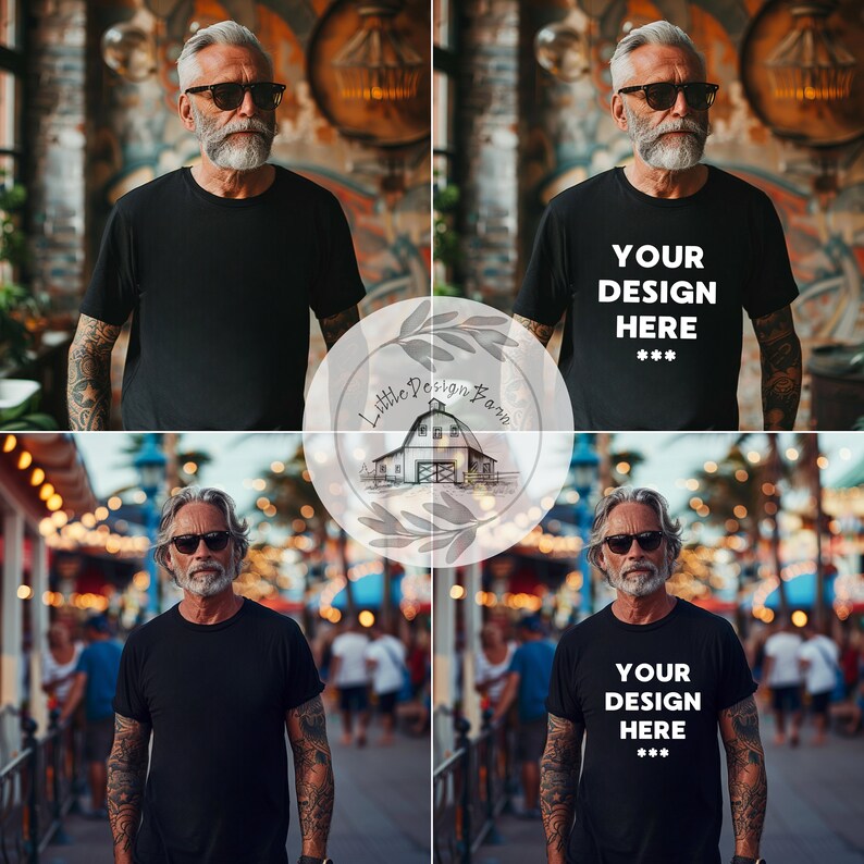 May include: A black t-shirt with the text "YOUR DESIGN HERE" in white. The t-shirt is displayed on a person wearing sunglasses. The image is a product mockup, showcasing a design on a black tee.