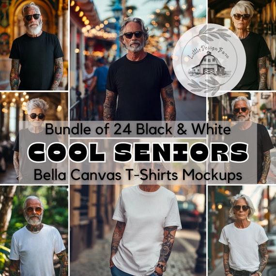 Cool Seniors T-Shirt Unique Mockup Bundle, Senior Men and Women T-shirt Mockup, Life Style T-Shirt Mockup, Bella Canvas 3001 White, Black