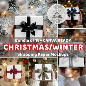 Puede incluir: Varias cajas de regalo blancas con cintas y lazos de diferentes colores, incluyendo negro, azul marino, burdeos y verde oliva. La imagen incluye el texto "Bundle of 18+ CANVA READY CHRISTMAS/WINTER Wrapping Paper Mockups."