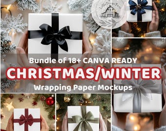 Christmas Wrapping Paper CANVA READY Mockup Bundle – Canva Ready Drag&Drop Pack of 18 Holiday Designs