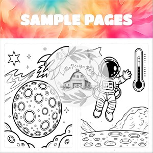 May include: Black and white coloring book pages with space and science themes. One page features a rocket, moon, and stars. The other page shows an astronaut, thermometer, and a lunar landscape. The words "SAMPLE PAGES" are at the top.