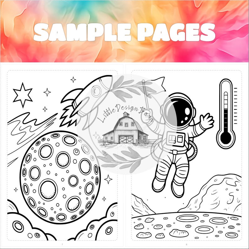 May include: Black and white coloring book pages with space and science themes. One page features a rocket, moon, and stars. The other page shows an astronaut, thermometer, and a lunar landscape. The words "SAMPLE PAGES" are at the top.