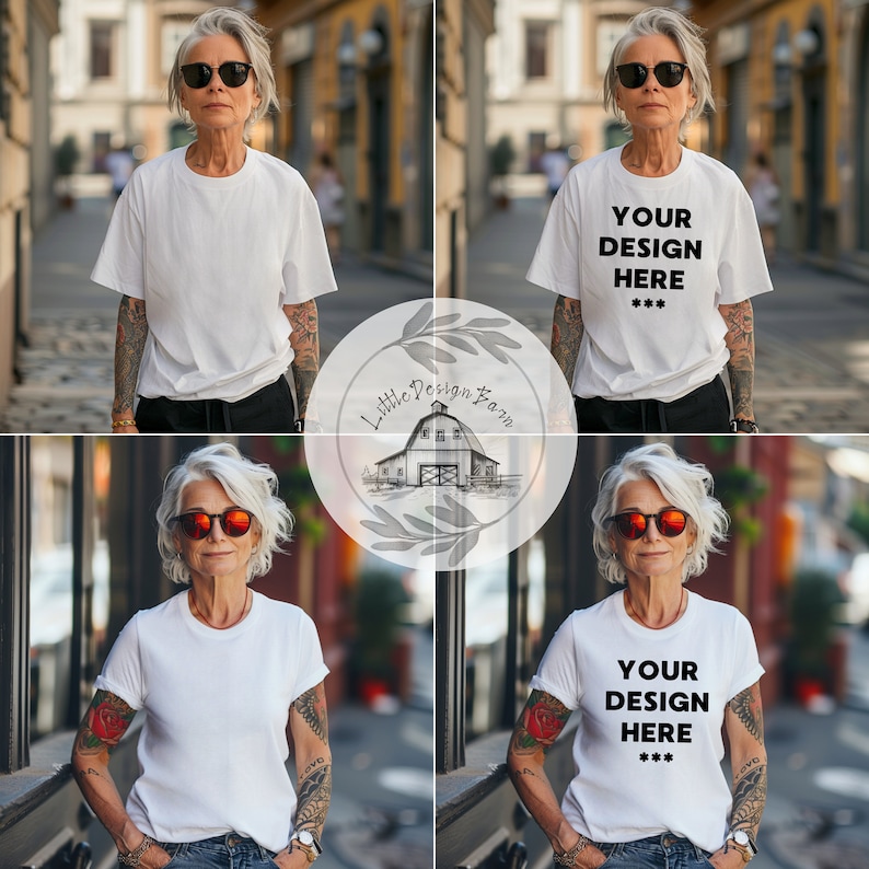 May include: White t-shirts with short sleeves. One shirt has the text "YOUR DESIGN HERE" in black. The model is wearing sunglasses and has tattoos on their arms. The background is a blurred outdoor scene.