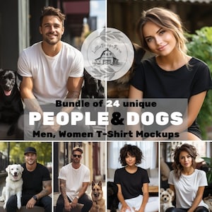 Może przedstawiać: Obraz kompozytowy prezentujący makiety koszulek z ludźmi i psami. Tekst brzmi "Bundle of 24 unique PEOPLE & DOGS Men, Women T-Shirt Mockups". Obraz zawiera osoby noszące białe i czarne koszulki ze swoimi psami.