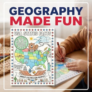 以下が含まれることがあります： 「GEOGRAPHY MADE FUN」と「USA STATES FACTS」のテキストが入った塗り絵。アメリカ合衆国の地図、ランドマークのイラスト、そして「ABOUT 335 MILLION PEOPLE！」のテキストが特徴です。子供がクレヨンで色を塗っています。