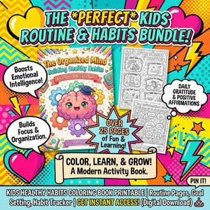 May include: A colorful bundle of kids' activity books. The main book, "The Organized Mind," features a brain character and gears. Includes routine pages, affirmation sheets, and a habit tracker. The text says "Color, Learn, & Grow!" and "Over 25 Pages of Fun & Learning!"