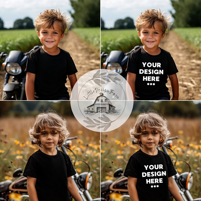 May include: A young boy wearing a black t-shirt with the text "YOUR DESIGN HERE***" printed on it. He is standing in a field with a motorcycle in the background.