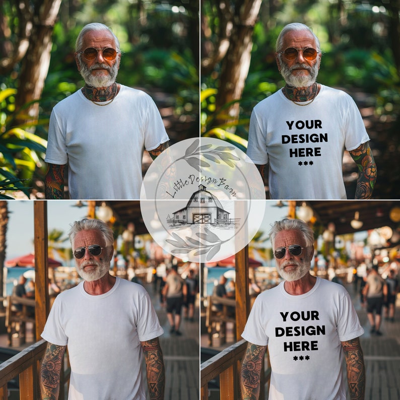 May include: White crew neck t-shirt. The image shows a person wearing a white t-shirt with the text "YOUR DESIGN HERE" in black. The person is wearing sunglasses and has tattoos on their arms. The background is blurred.