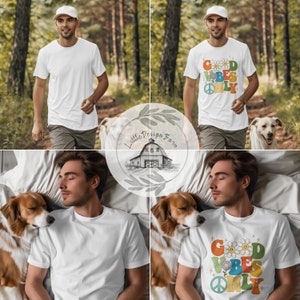 May include: A white t-shirt with the text "Good Vibes Only" in colorful retro lettering with a peace sign and flowers. The shirt is modeled by a person in a forest setting and in a bedroom setting with a dog.