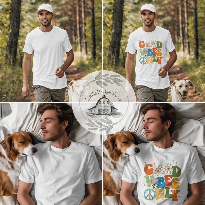 May include: A white t-shirt with the text "Good Vibes Only" in colorful retro lettering with a peace sign and flowers. The shirt is modeled by a person in a forest setting and in a bedroom setting with a dog.