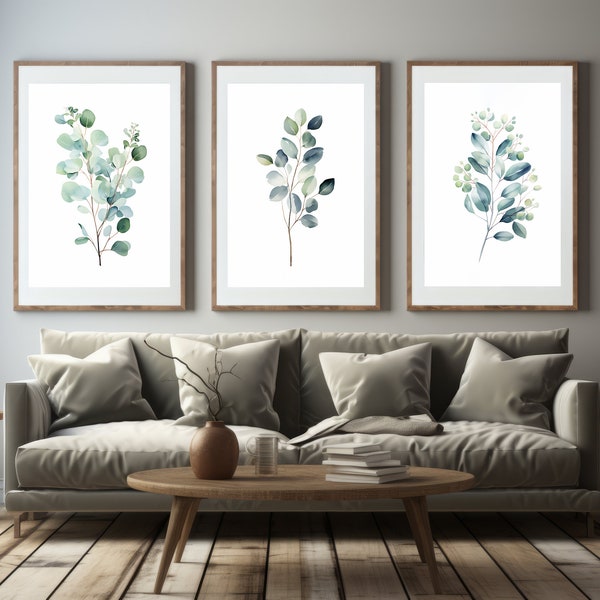 Set of 3 Eucalyptus Prints, Printable Watercolor Leaf Art Prints - Eucalyptus Art - Green Art Prints - Living Room Art - Cottage core Print