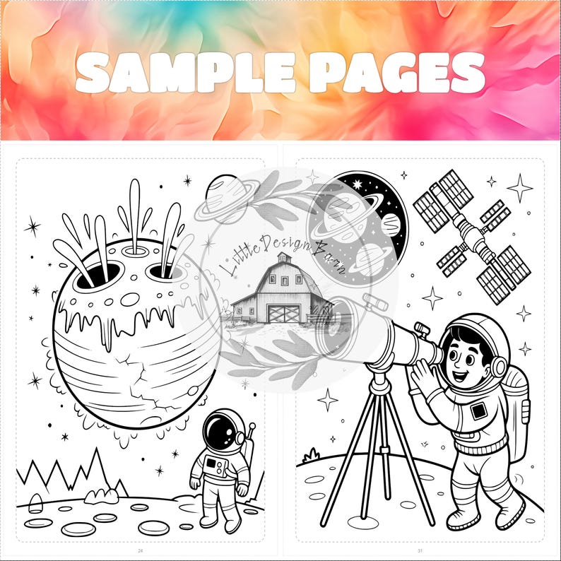 May include: Black and white coloring book pages with space-themed illustrations. One page features a planet with erupting geysers and an astronaut. The other page shows an astronaut using a telescope to view planets and a space station. The words "SAMPLE PAGES" are at the top.