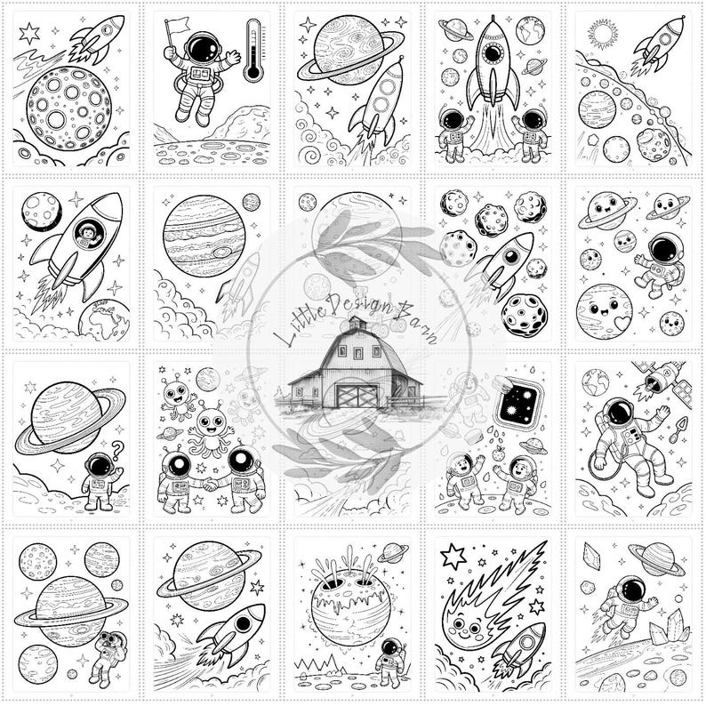 May include: Black and white line art illustrations of space-themed images, including planets, rockets, astronauts, and aliens. The images are designed for coloring, with various celestial bodies and spacecraft.