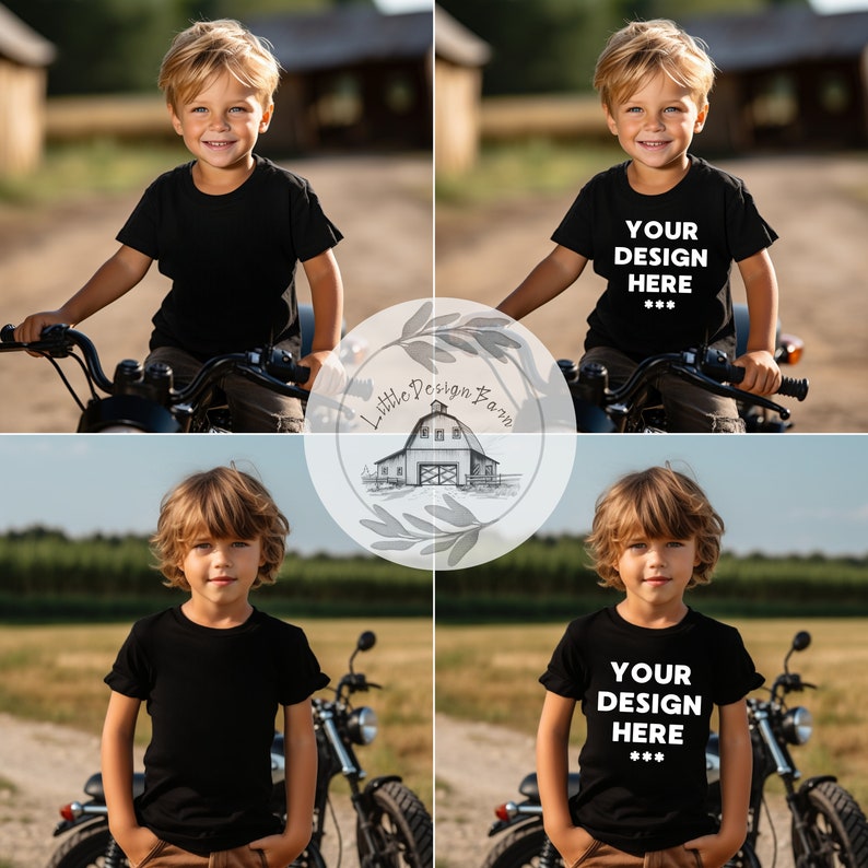 May include: A young boy wearing a black t-shirt with the text "YOUR DESIGN HERE***" printed on it, sitting on a black motorcycle. The boy is smiling and looking at the camera. The motorcycle is parked on a dirt road with green grass and trees in the background.