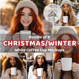May include: A composite image showcasing eight white coffee cup mockups. Text reads "Bundle of 8 CHRISTMAS/WINTER White Coffee Cup Mockups." People in winter hats and sweaters hold the cups. The image has a warm, inviting aesthetic, perfect for seasonal designs.