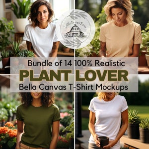 Plant Lover Female T-shirt Mockup Bundle, Bella Canvas 3001 T-shirt Mockup Set of 14, White, Olive, Soft Cream Color, Women Gardening