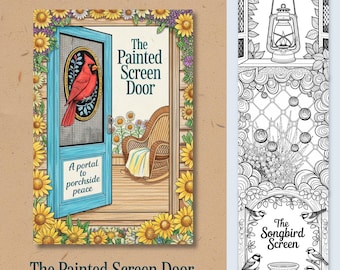Può includere: Un download digitale intitolato "The Painted Screen Door" con un'illustrazione colorata di una porta a zanzariera blu, un cardinale rosso e una sedia a dondolo. L'immagine è circondata da girasoli gialli e dal testo "35 Pages of Fun!"