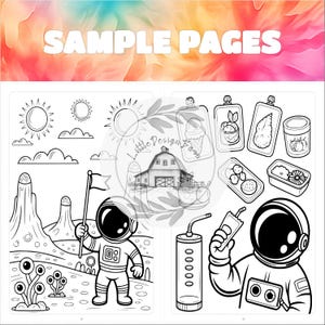 May include: Black and white coloring book pages with the text "SAMPLE PAGES" at the top. The pages feature illustrations of an astronaut, suns, clouds, and food items. The Little Design Barn logo is also visible.