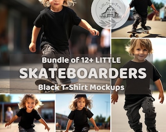 Kids Skateboarders T-Shirt Mockup Bundle: Black T-Shirts (PNG Digital Download)