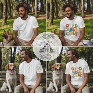 May include: Four images of a person wearing a white t-shirt with a graphic design that says "Good Vibes Only" in colorful letters with a peace sign and a daisy. The person is sitting with a dog in each image. The images are set in a park with green grass and trees.