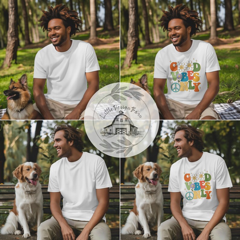 May include: Four images of a person wearing a white t-shirt with a graphic design that says "Good Vibes Only" in colorful letters with a peace sign and a daisy. The person is sitting with a dog in each image. The images are set in a park with green grass and trees.