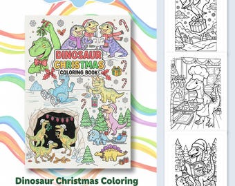 May include: A digital download of a Dinosaur Christmas Coloring Book Printable. The cover features colorful illustrations of dinosaurs celebrating Christmas. The book includes 70 pages of fun coloring activities. The image also shows sample coloring pages.